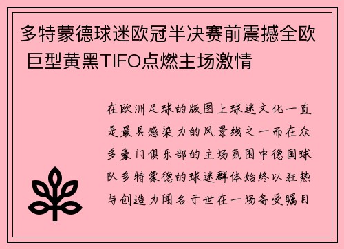多特蒙德球迷欧冠半决赛前震撼全欧 巨型黄黑TIFO点燃主场激情